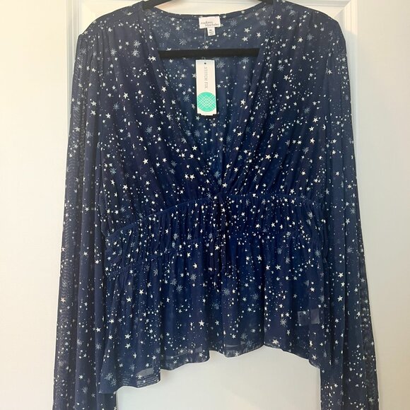 Madison & Berkeley Navy Star Mesh Top XL Long Sleeve Smocked Waist NWT - Picture 1 of 10